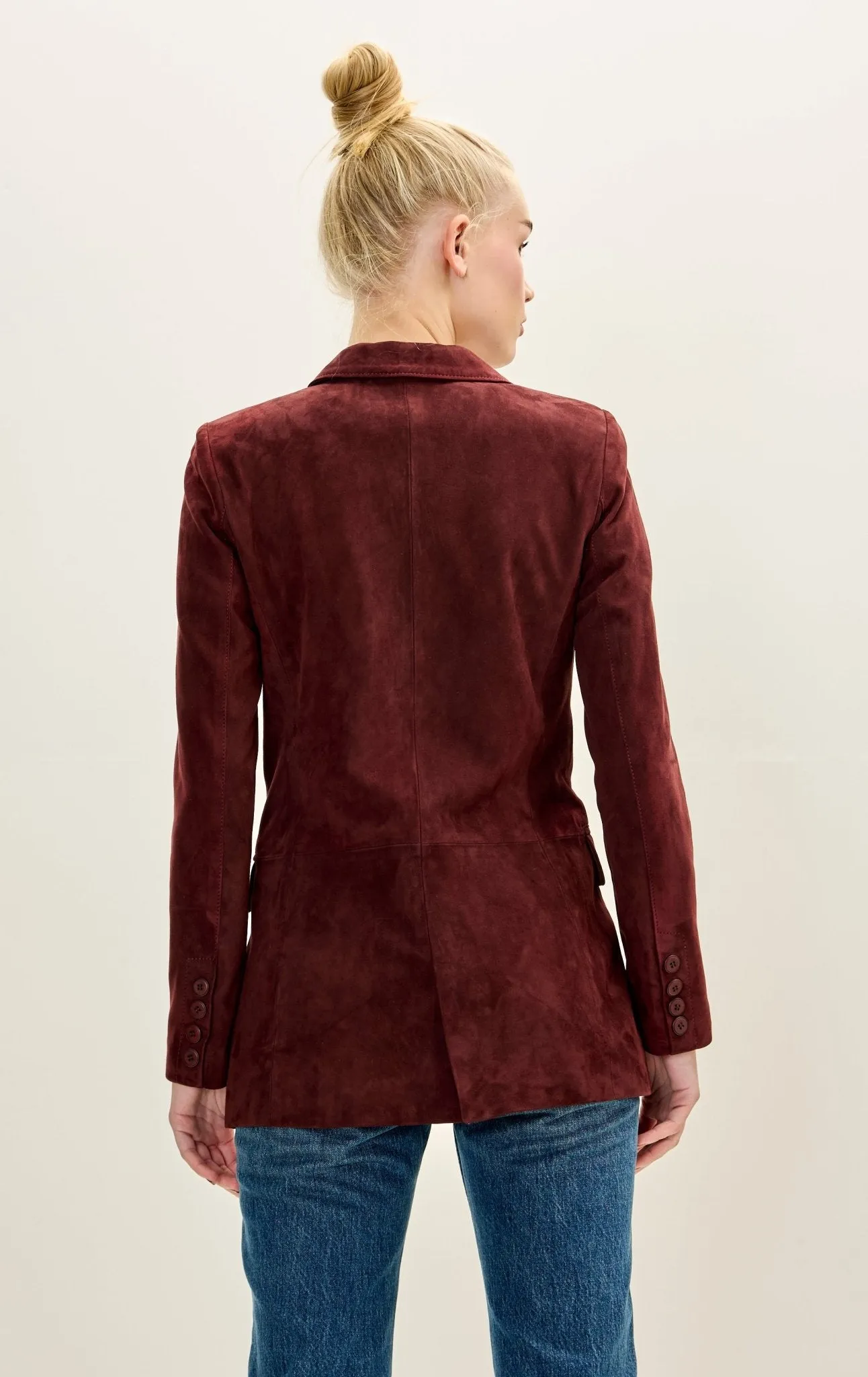 Lambskin Leather Suede Single Button Blazer - Burgundy