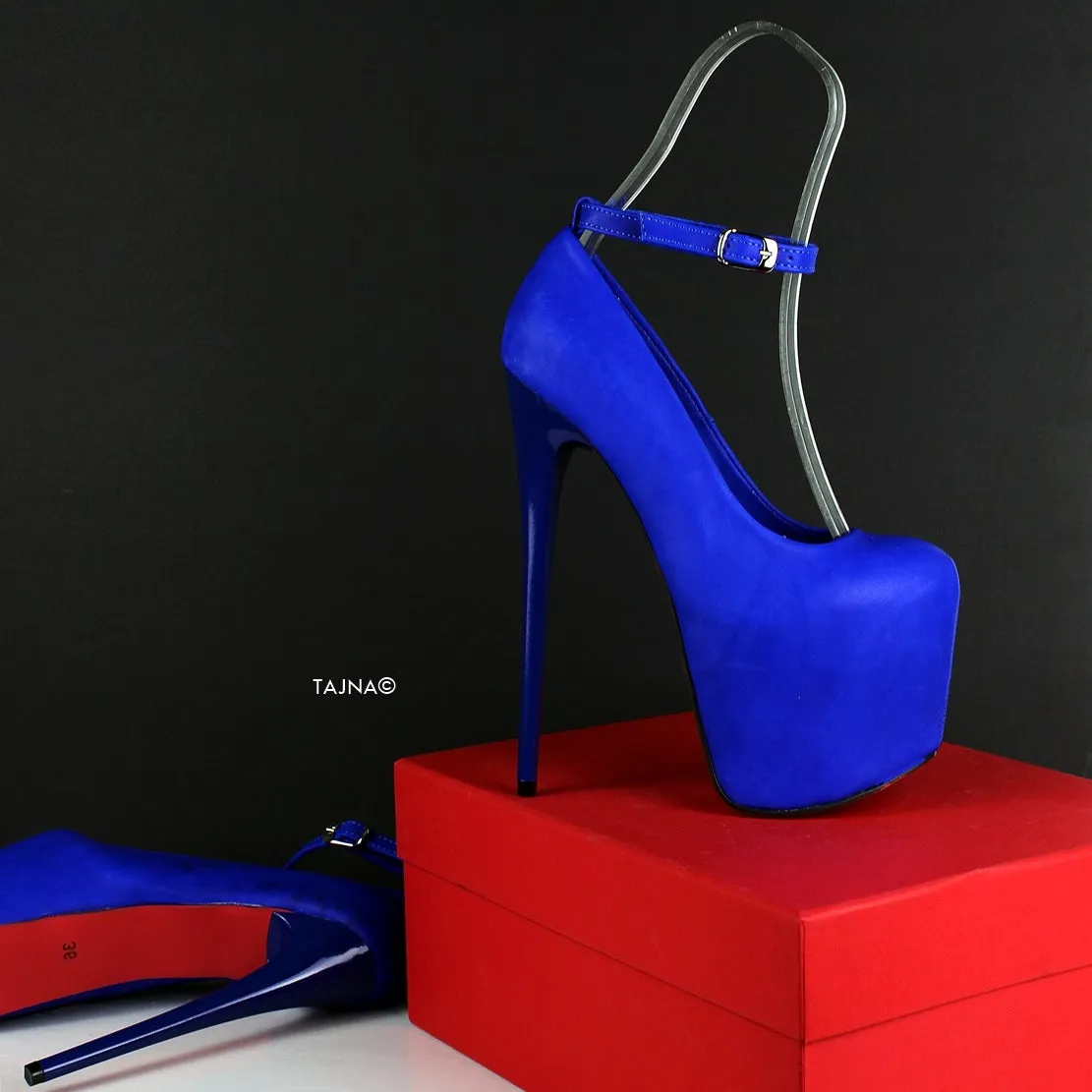 Real Leather Blue Ankle Strap Pumps